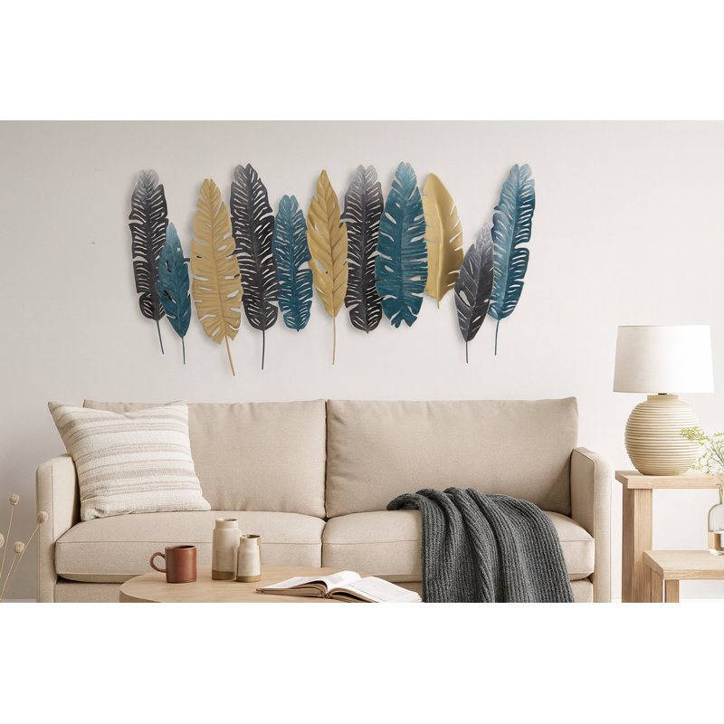 Blue and Gold Tropical Leaves Metal Wall Décor - 28" x 52"