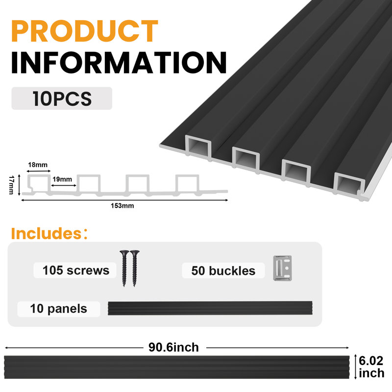 LooYee, paquet de 10 panneaux muraux à lattes WPC de 90,6 x 6 po, couverture noire, 38 pieds carrés