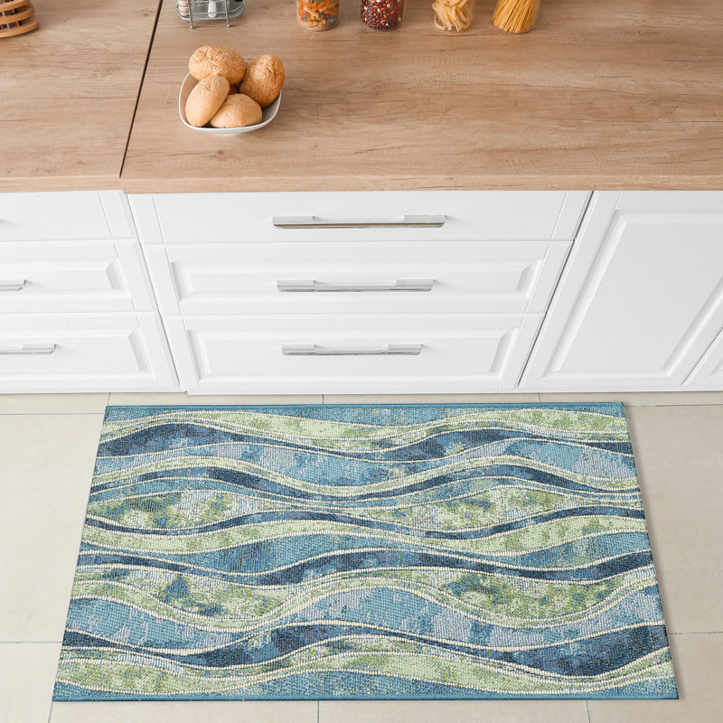 Diangelo Abstract Synthetic Non-Skid Kitchen Mat, Rectangle 2' x 2'10", Ocean/Blue/Green
