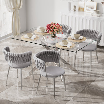 Clear Rectangle Pedestal Dining Set with Weaven Velvet Dininig Chair