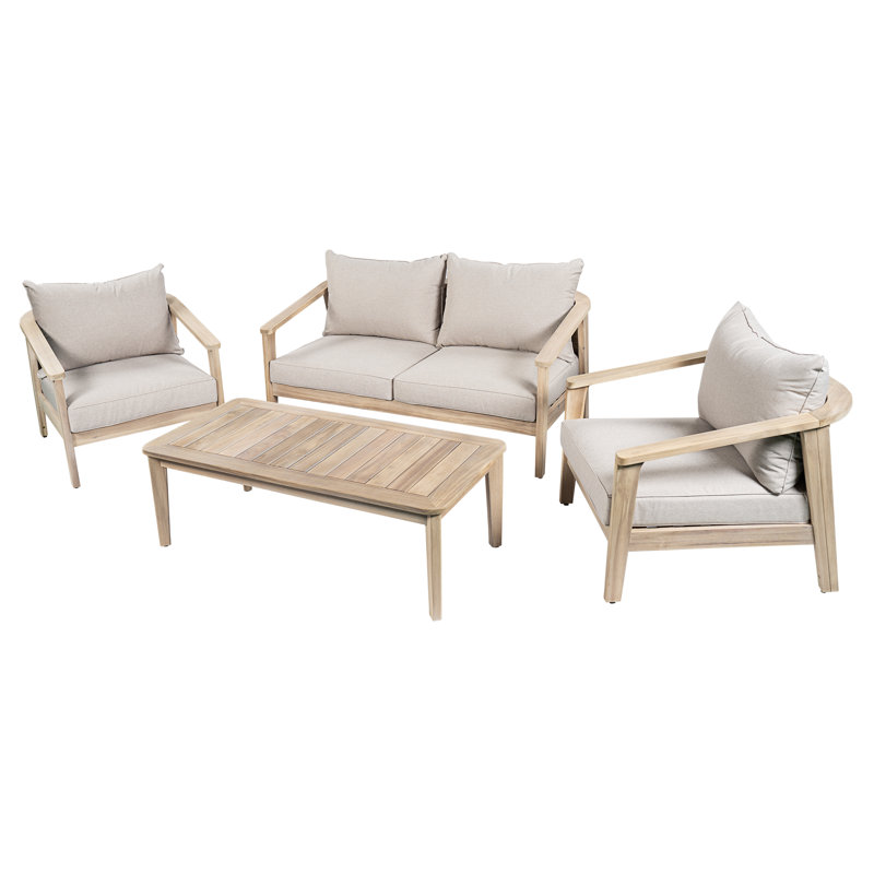 Avalon 4-Person Modern Outdoor Acacia Wood And Wicker  Conversation Set With Cushions