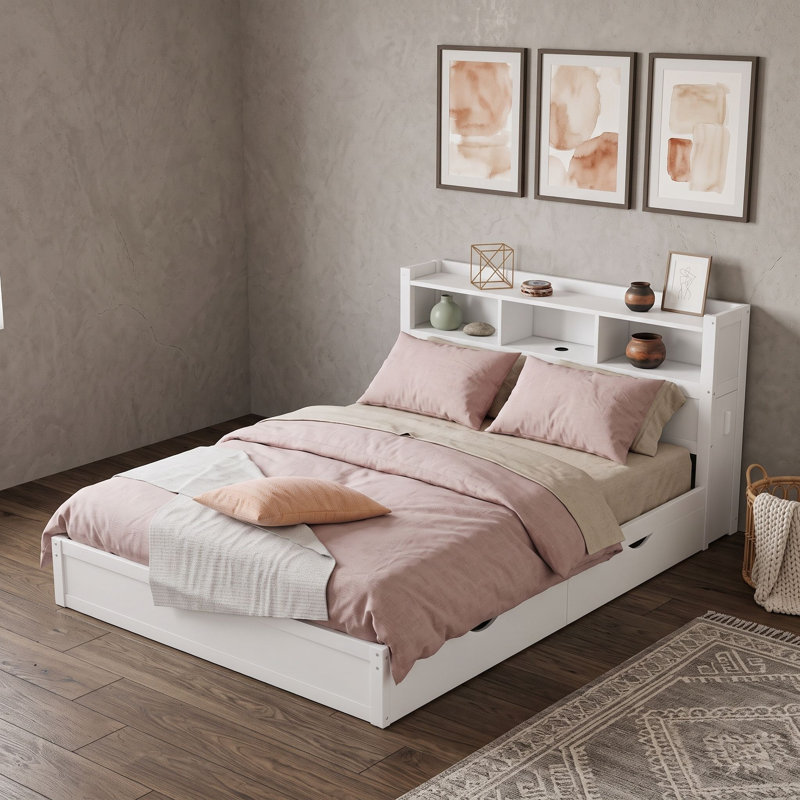 Lit plateforme 2 tiroirs avec tablettes, lumière DEL et armoire, Queen, Blanc
