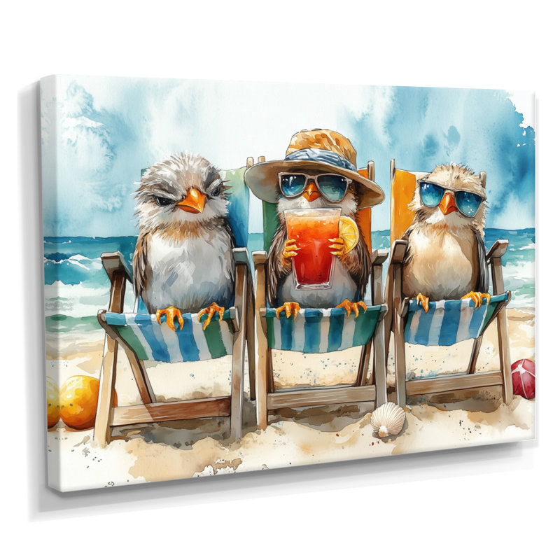 Canaries On The Beach Lounging Chair - Coastal Animal Wall Art Print, Wrapped Canvas, 16" H x 32" W x 1" D