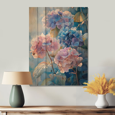 Hortensias dans la lumière du matin II - impression d'hortensias sur bois de pin naturel
