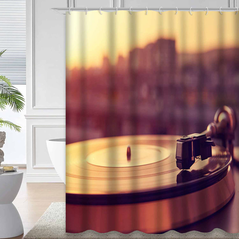 Rideau de douche tourne-disque vinyle avec tourne-disque et 12 crochets, L 72 po x l 72 po
