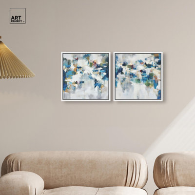Organized Confusion Diptych Canvas Print Blue And Sage Wall Decor Set by Art Remedy, White Frame, 12 x 12