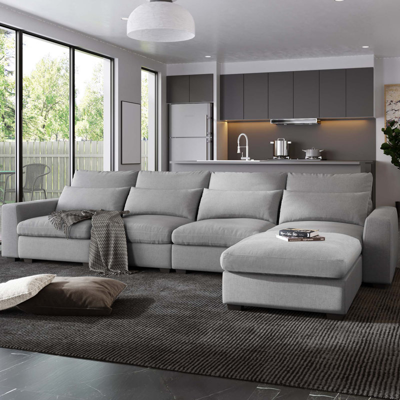 Grand canapé modulaire rembourré de plumes en L moderne, canapé convertible avec méridienne réversible