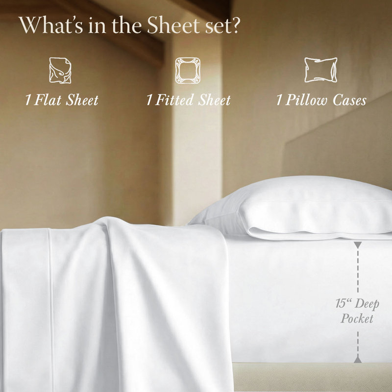 Threadmill 800 Thread Count 100% Cotton Sateen Sheet Set, Twin XL Sheet Set with 1 Pillowcase, Hotel White Solid