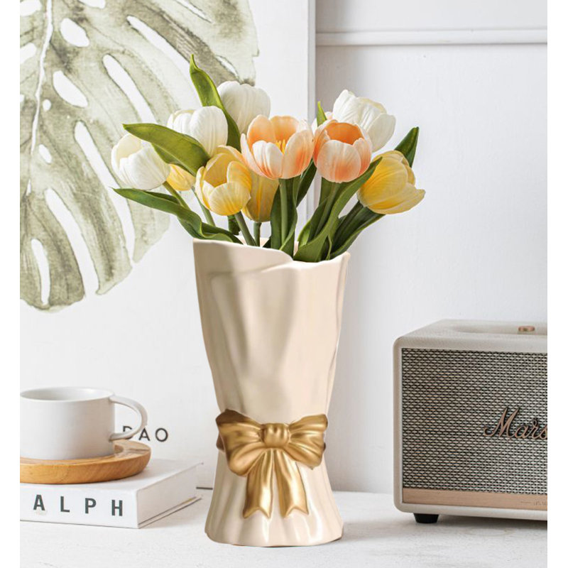 Bow Vase, Flower Vases For Table Decor, 9.30", Cream;Gold