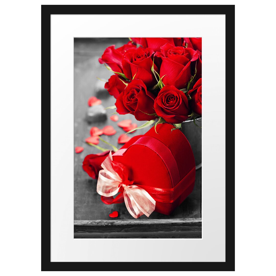 Gerahmtes Poster Valentinstag Rosen & Herz