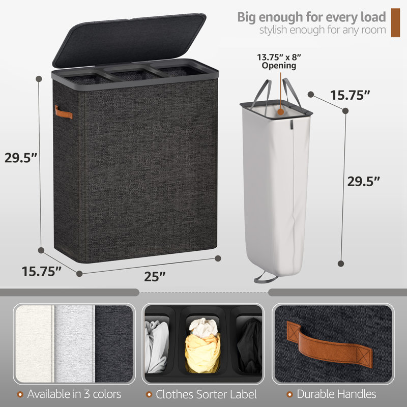 Sorbus Fabric Laundry Hamper - Collapsible 3-Compartment Laundry Basket with Removable Laundry Bag - Black, Black