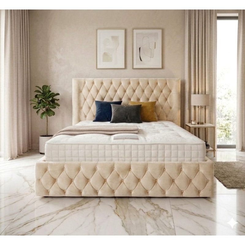 Chesterfield Upholstered Winged Bed Frame, 4FT6 (Double Bed), Cream, Naples