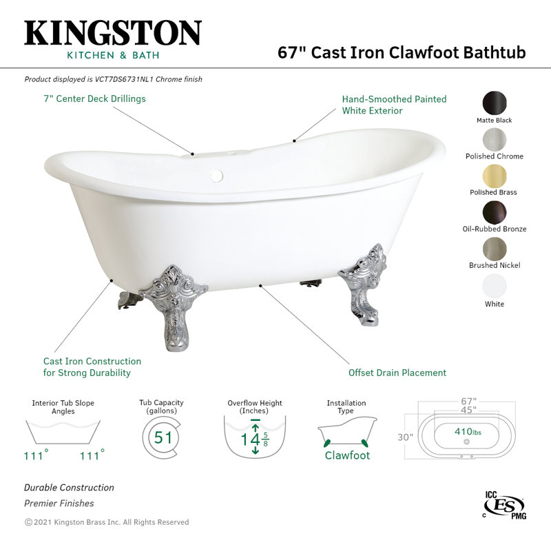 Kingston Brass Aqua Eden 67-Inch Cast Iron Oval Double Slipper Clawfoot Tub (7-Inch Faucet Drillings), Polished Brass