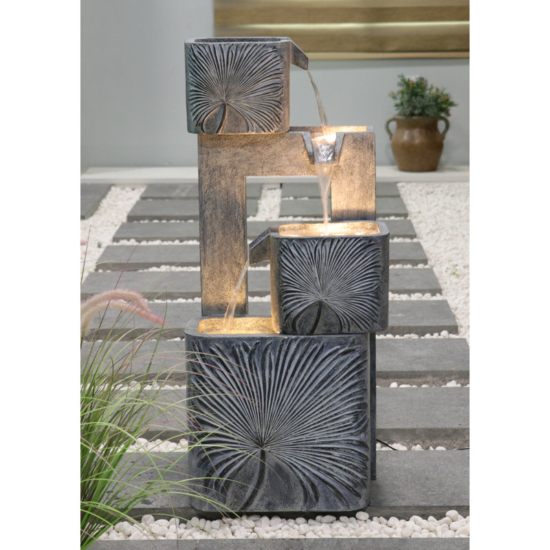 Modern Gray Concrete Tiered Outdoor Fountain with LED Lights