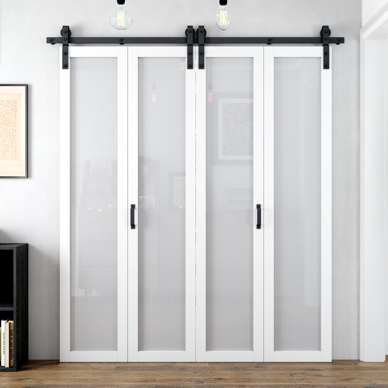 Porte de grange pliante simple en verre givré 84 pouces de hauteur (84 po) (quincaillerie incluse), 72 po x 84 po