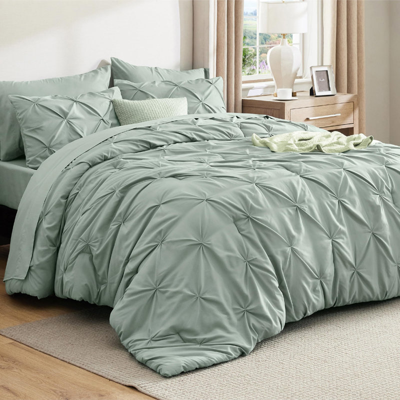 Bedsure Oversized King Burgundy Pintuck Bed-in-a-Bag - Sage Green Pinch Pleat Comforter Set with Sheets, Pillowcases & Shams (Set of 7)