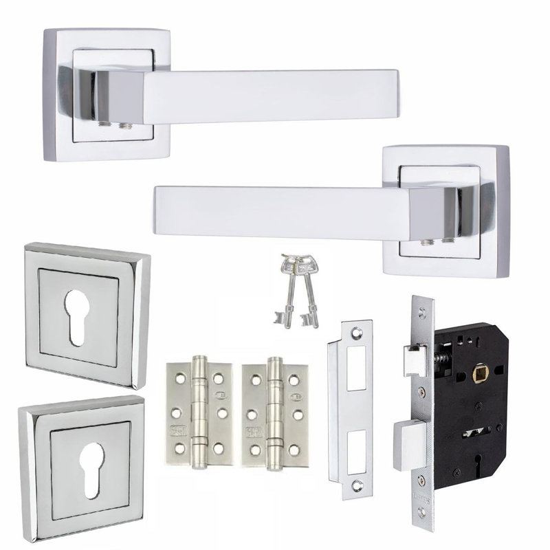  Delta Design Door Handles in Polished Chrome Finish with 3 Lever Lock, 2 Keys Keyhole Escutcheon and 1 Pair Ball Bearing Hinges