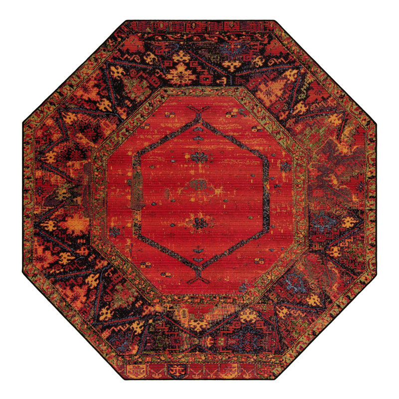 Gurrola Oriental Red/Yellow/Black Indoor/Outdoor Area Rug, Octagon 7'1" x 7'10"