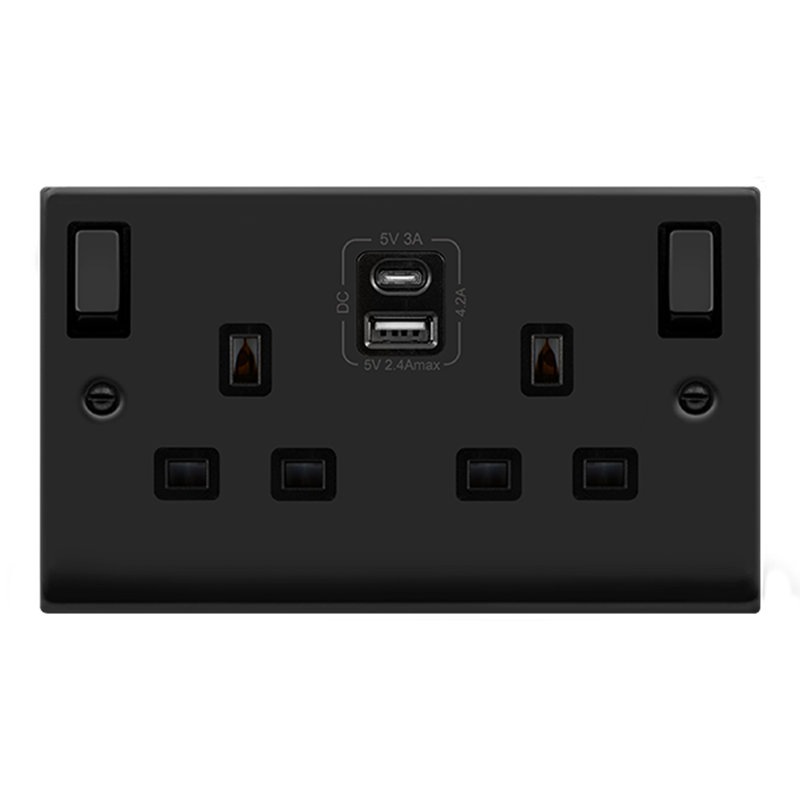 Matt Black 2 Gang 13A DP Ingot Type A & C USB Twin Double Switched Plug Socket