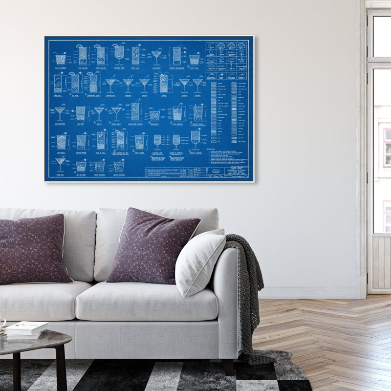 Drinks and Spirits Happy Hour Specs, bleu industriel - Impression sur toile, H 36 po x l 54 po, Toile avec cadre blanc