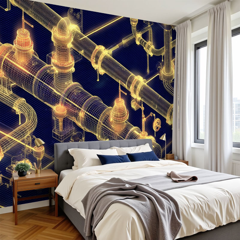 Papier peint adhésif à motif de tuyaux industriels isométriques 3D à bords néon et détails muraux en profondeur H 100 po x l 144 po, papier peint amovible en PVC, autocollant pour chambre à coucher, bureau à domicile