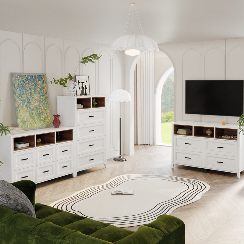 Commode 4 grands tiroirs avec 2 casiers ouverts couleur noyer, White
