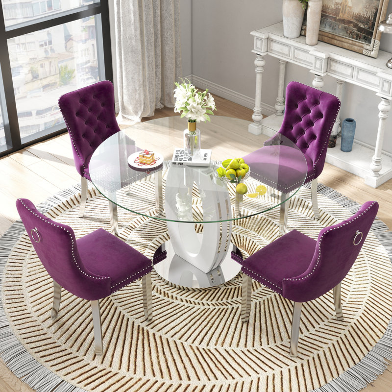 Ensemble de salle à manger 5 pièces, Mauve, Blanc / argenté