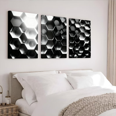 Abstrait motif hexagonal noir et blanc sur toile géométrique, ensemble de 3 reproductions d'art sur toile