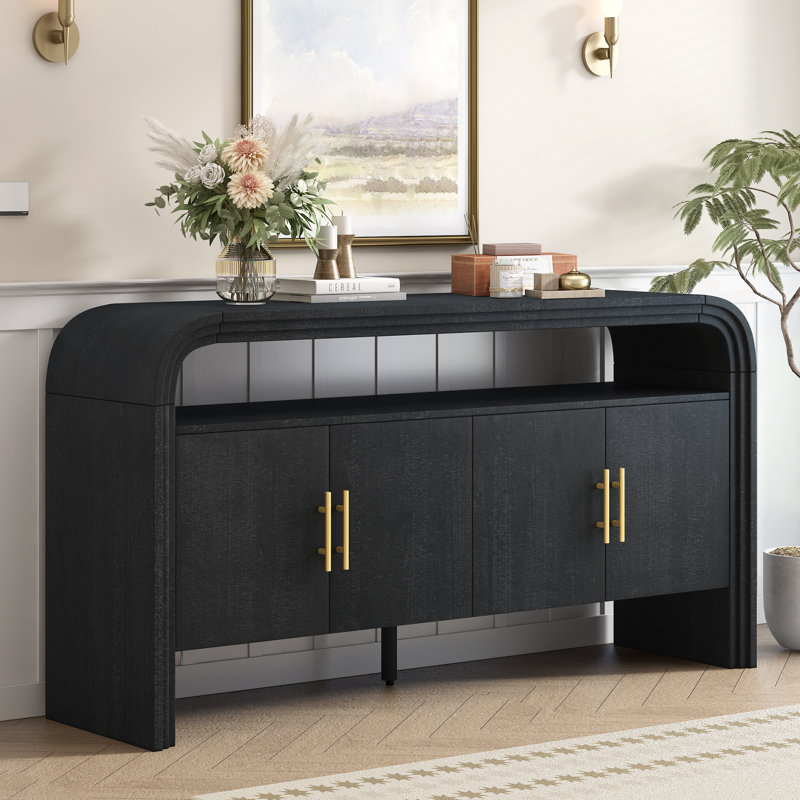 60" Elegant Sideboard, 4-Door Credenza Storage Cabinet With Curved Profile Design, Black