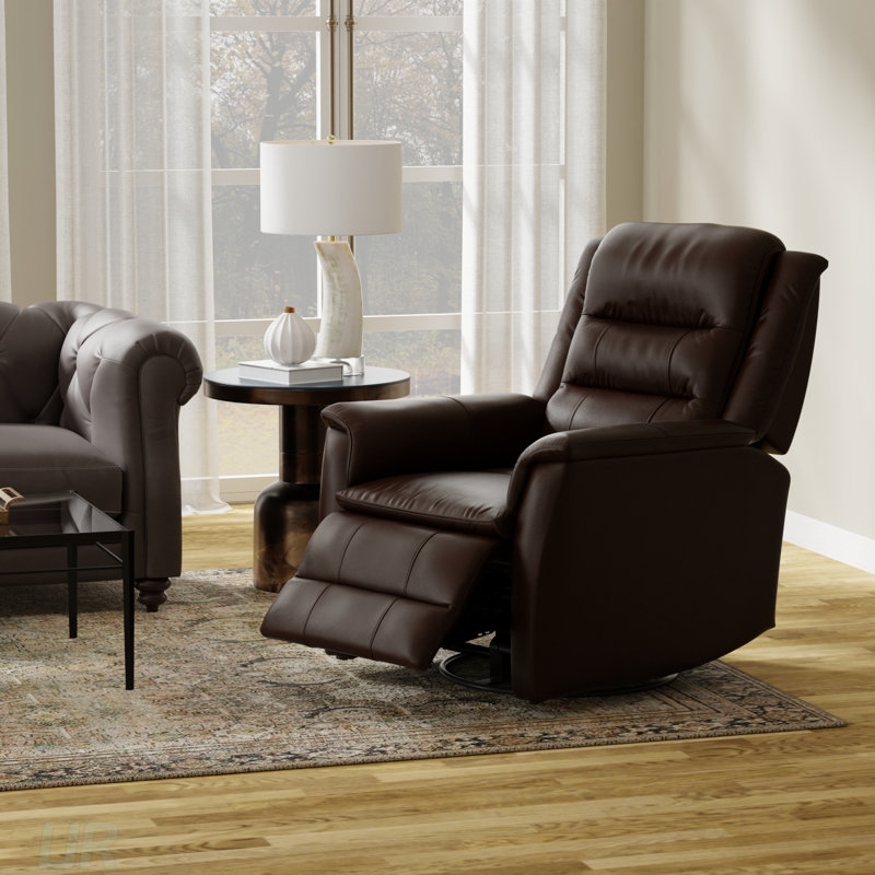 Global Home Swivel Glider Recliner With Manual Footrest, Top Grain Leather, And No-Sag Suspension For Ultimate Comfort