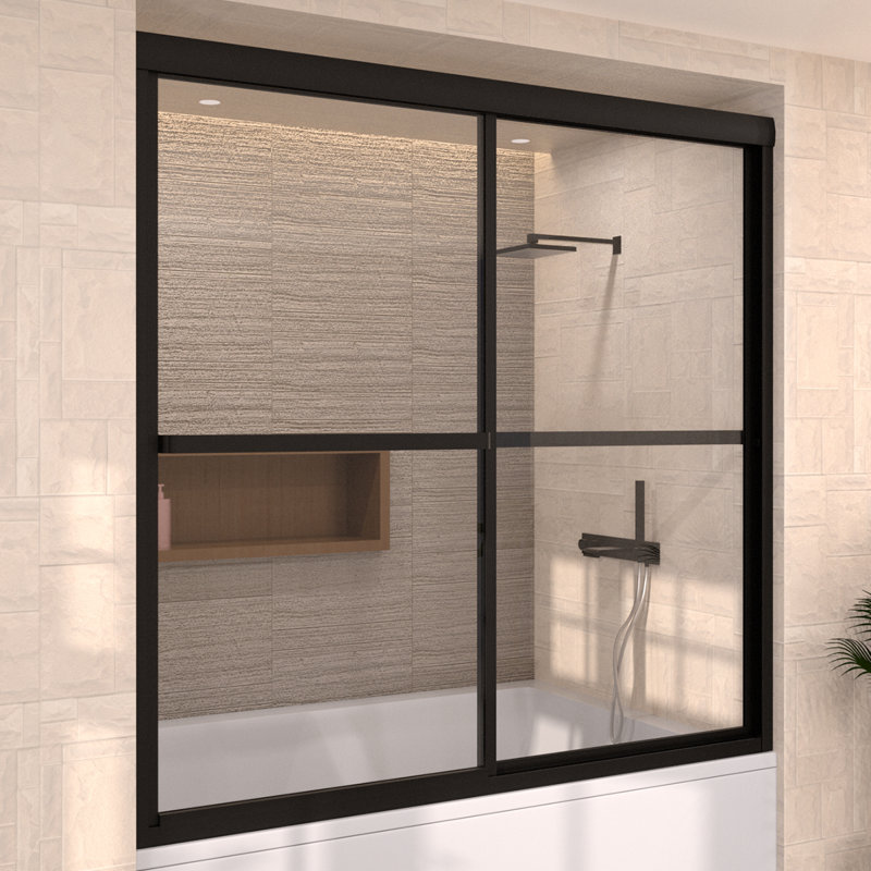 Vetra 59 In. W X 56 In. H Sliding Framed Tub Door in Matte Black With Clear Glass, Matte Black