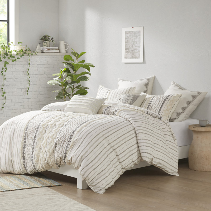 Imani Cotton Printed Comforter Set, King/Cal King Comforter + 2 King Shams, Ivory