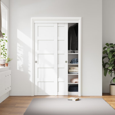 Porte coulissante intérieure préfinie blanche à 5 panneaux 48 po x 80 po pour garde-manger et garde-robe avec ensemble de quincaillerie complet assemblé