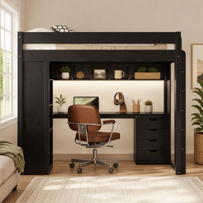 Lit mezzanine simple en bois massif avec bureau en forme de L et 4 tiroirs, lit mezzanine haut en placage de frêne avec bande lumineuse à DEL avec contrôle intelligent APP, ports de chargement USB et tablettes ouvertes à 4 niveaux