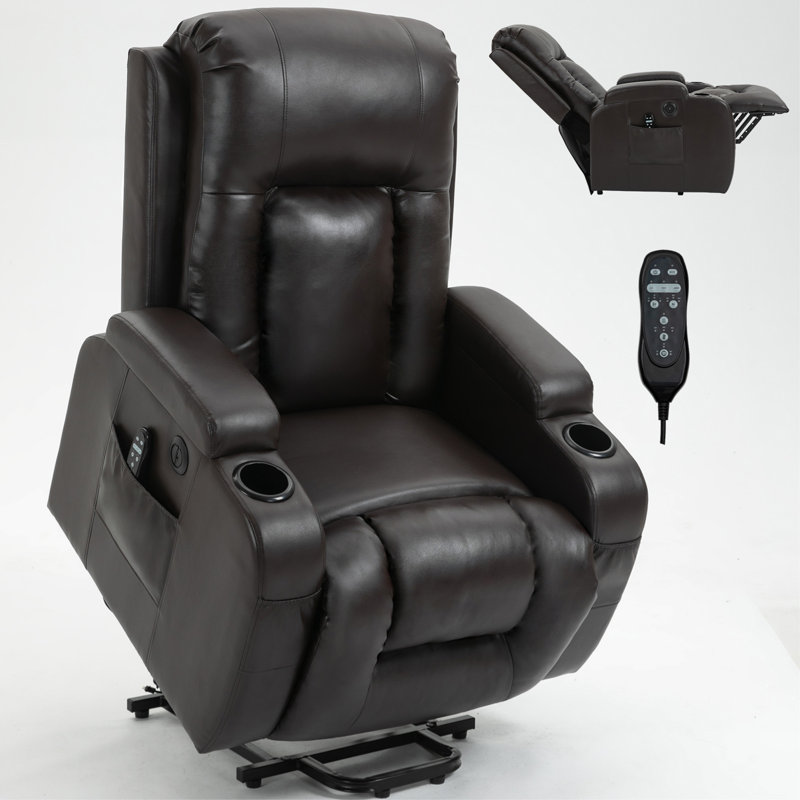 Fauteuil inclinable Power Lift, massage chauffant, ports USB et Type-C., Brun