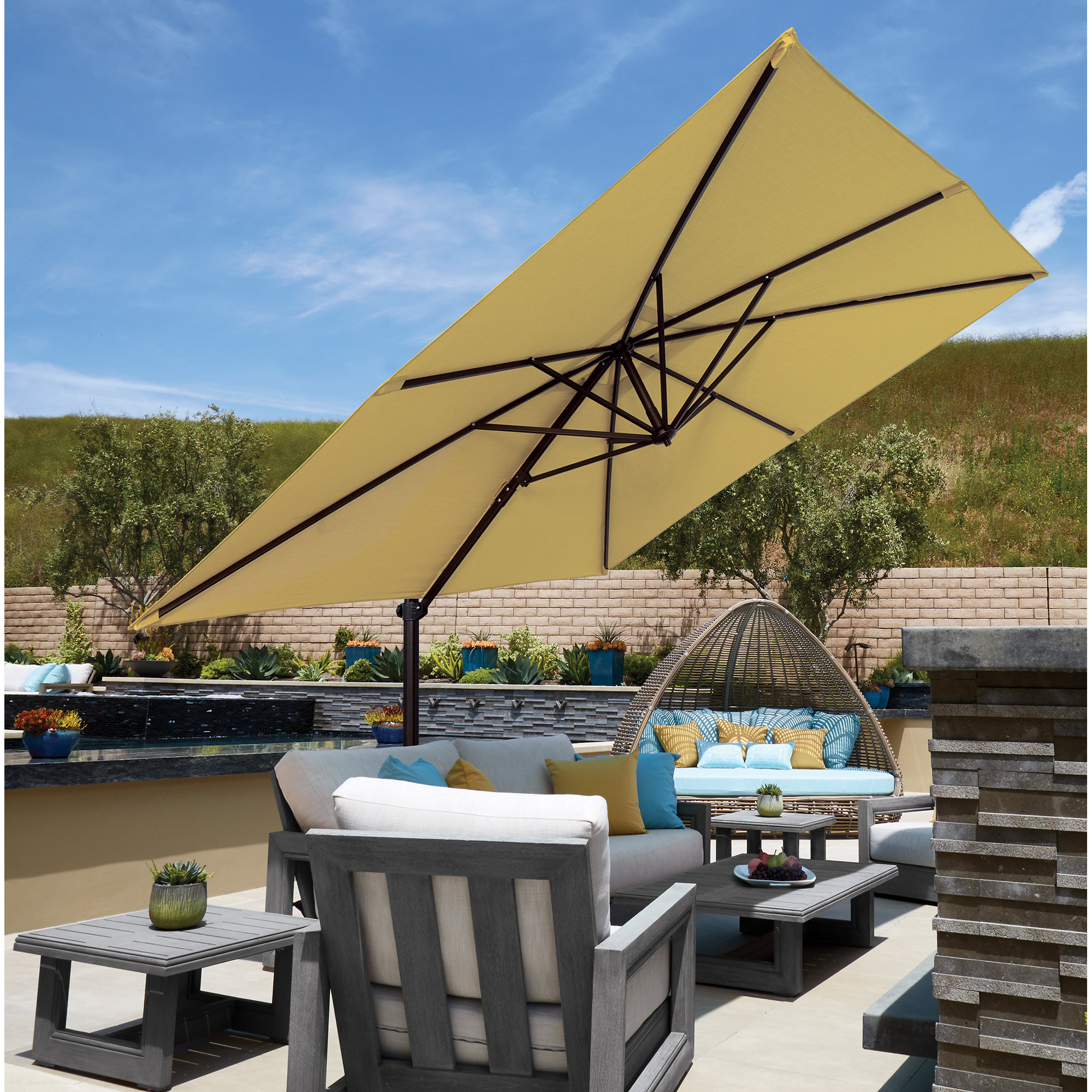 Cora 103.2" Square Cantilever Umbrella, Black, lemon Canvas