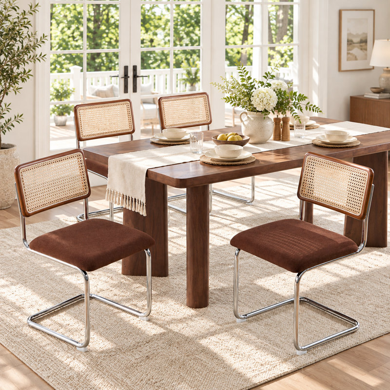 Marlow 18.9'' H Mid-Century Modern Cantilever Dining Chair with Cane Rattan Back and Steel Frame, 4, Brown Chenille