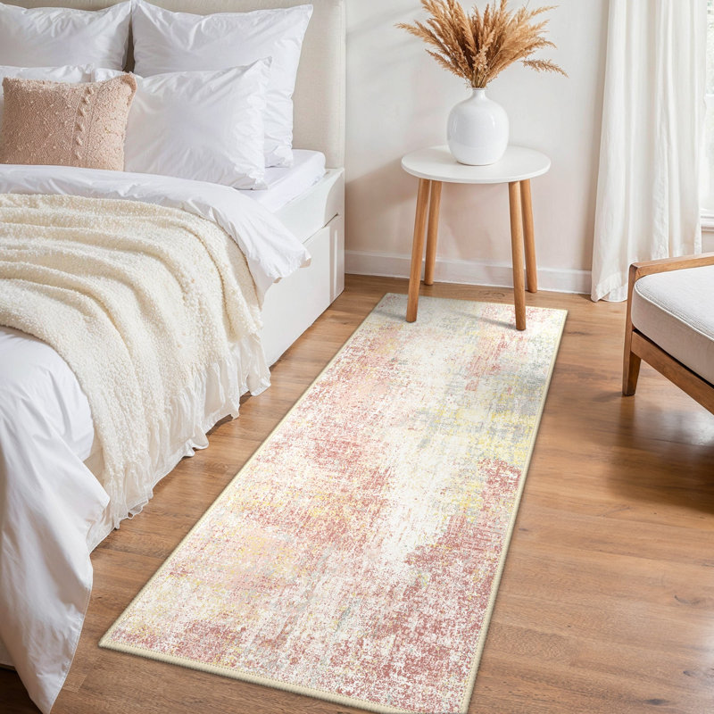 Abstract Area Rug, Rectangle 80 x 150 cm, Pink/Yellow/Beige