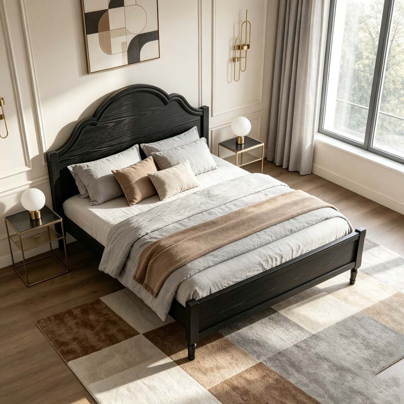 Lit plateforme en bois avec tête de lit arquée, Noir, Grand lit