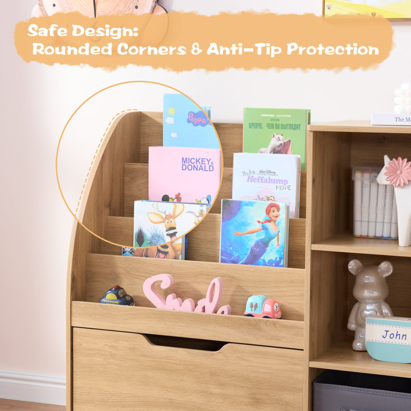  58.5" W x 31.5"H Extra Wide Kids Bookshelf and Toy Storage Organizer with Rolling Toy Bin, Montessori Playroom Storage Cabinet with 8 Cubbies & Fabric Drawers for Bedroom and Nursery,Natural Wood