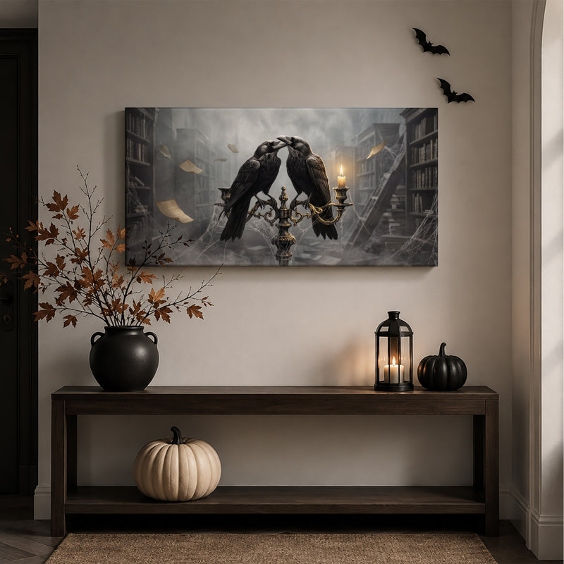 Deux corbeaux noirs sur un chandelier éclairé à la chandelle, avec une toile murale d'Halloween, L 46 po x H 24 po
