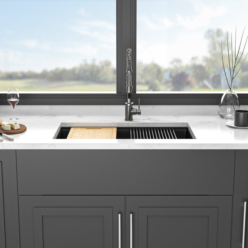 Évier de cuisine en quartz noir 30 po x 19 po - poste de travail sous-comptoir, Noir
