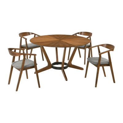 Jeyhan 5 Piece Round Dining Table Set in Rubberwood and Fabric