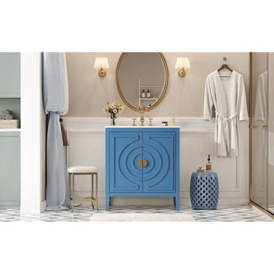 Meuble-lavabo de 30 po avec lavabo d'inspiration Mid-Century, 2 portes à fermeture douce, rangement, 1 tiroir divisé, tablette réglable, structure en bois massif, tiroirs coulissants, rangement à revêtement bleu rétro
