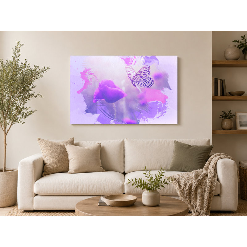 Papillon et coquelicots mauves - paysage, art mural sur toile, 14" W x 11" H