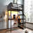 Queen Loft Bed Frame With Desk And With Storage Function Stairs, Metal Material Loft Bed Frames With Led Lighting Function Lights, With Usb Charging Function Ports, Multifunctional Iron Nets And Noise-Free, In Black Finish-342042256