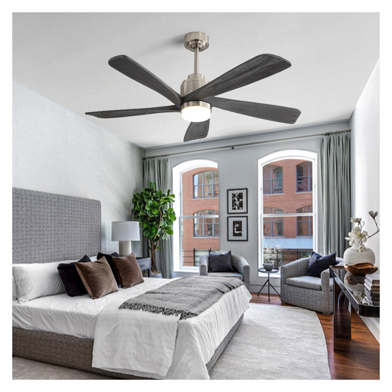 Ventilateur de plafond moderne de 52 pouces avec lumière DEL à intensité variable, 5 pales en bois massif, télécommande et contrôle intelligent de l'application, moteur à courant continu réversible - nickel