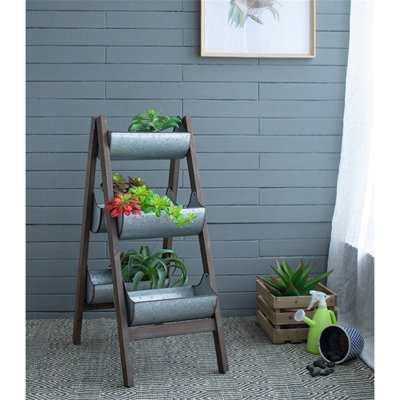 [Jardinière pliable en échelle en bois galvanisé Reed Farmhouse] Jardin vertical de H 14,2 po | Seau rustique à 5 décorations galvanisées pour l'extérieur / l'intérieur