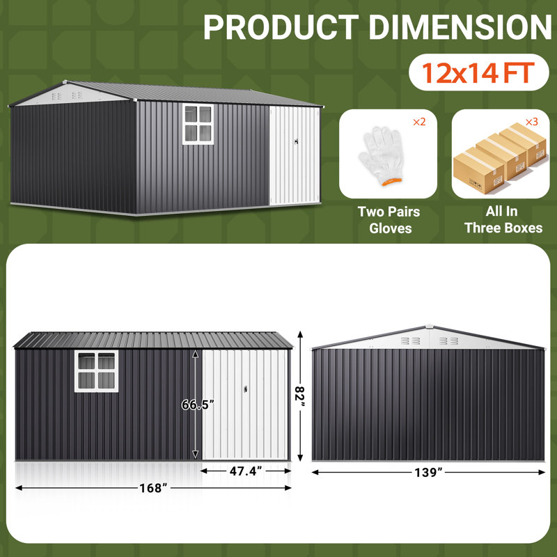 14 ft. W x 12 ft. D Outdoor Metal Storage Shed with Windows, Reinforced Steel Frame and Lockable Doors, 14 Ft. W x 12 Ft. D