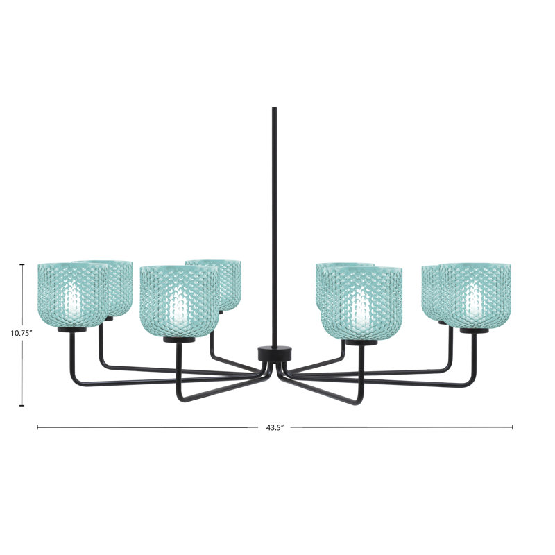 Lustre 8 lumières Amarmula, finition noir mat, verre texturé turquoise 6 po, Noir, Sarcelle